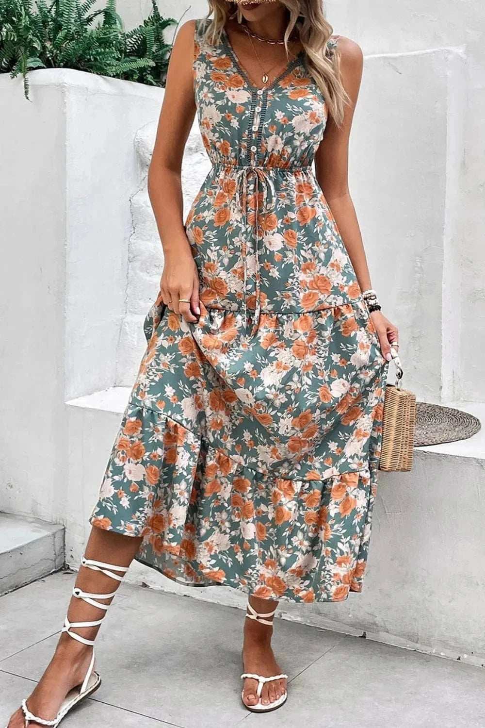Floral Print Trimmed V Neck Tie Waist Sleeveless Dress - Trendsi - Flyclothing LLC