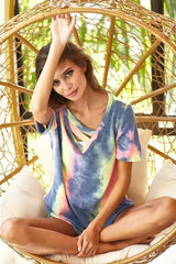 BiBi Tie Dye Terry V Neck Top With Double Strap - Trendsi - Flyclothing LLC