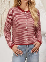 Button-Down Striped Knit Cardigan - Trendsi - Flyclothing LLC