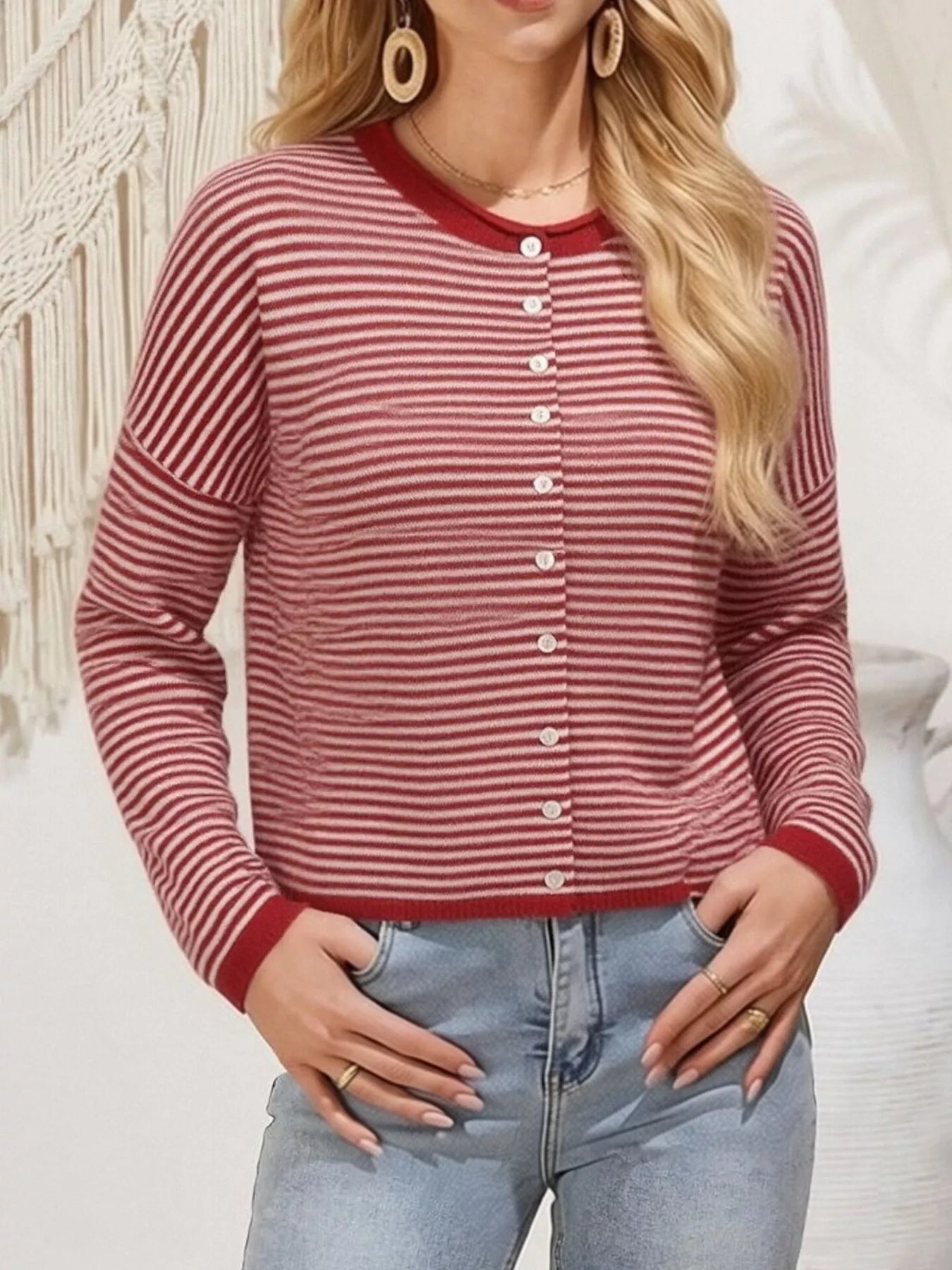 Button-Down Striped Knit Cardigan - Trendsi - Flyclothing LLC