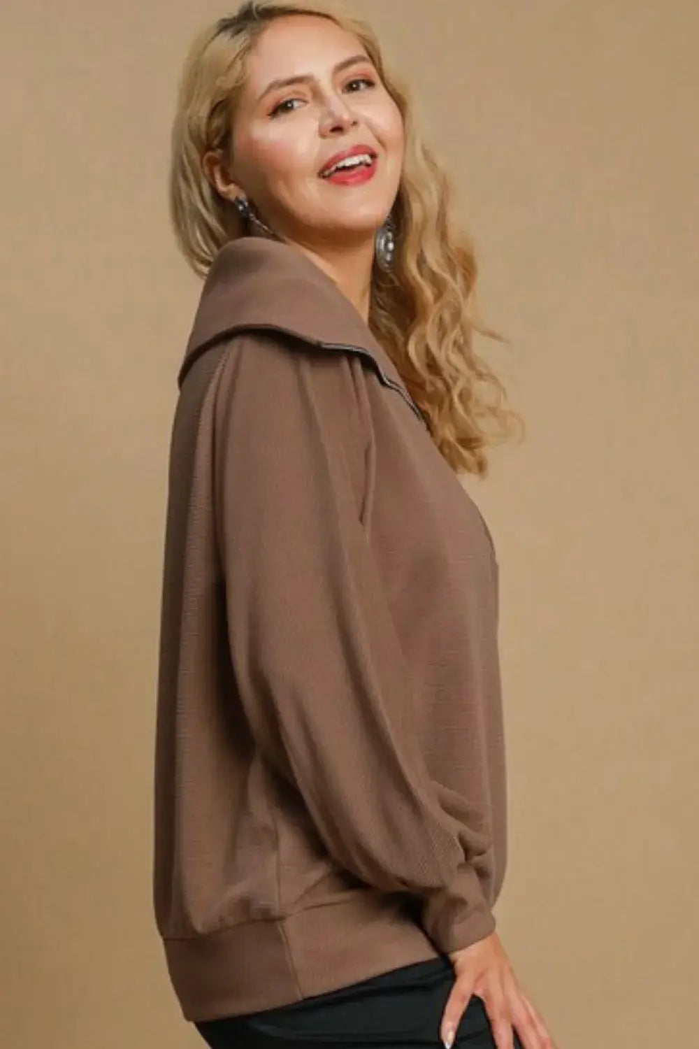 Umgee Full Size Ribbed Knit Half Zipper Sweatshirt Plus Size - Trendsi - Flyclothing LLC