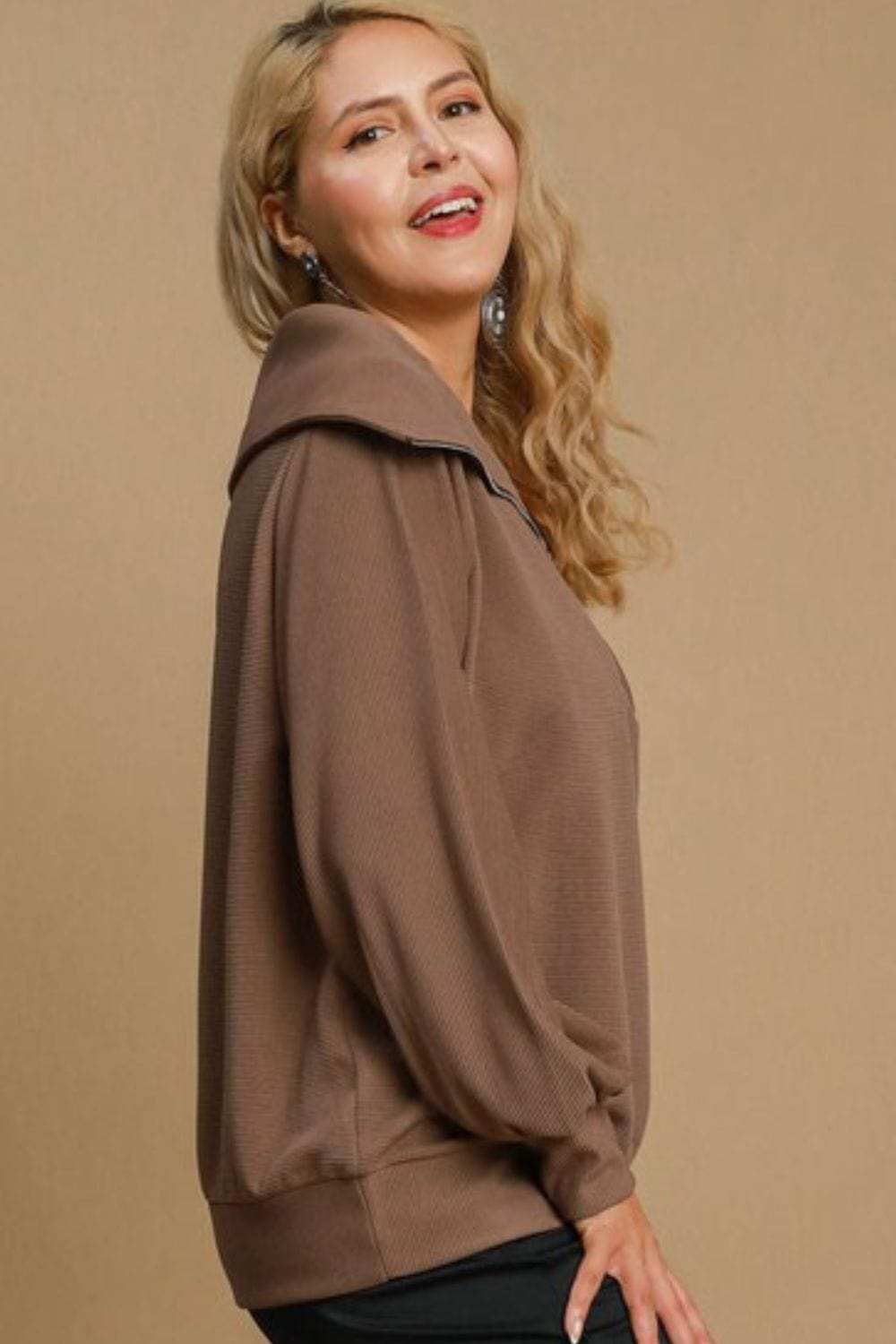 Umgee Full Size Ribbed Knit Half Zipper Sweatshirt Plus Size - Trendsi - Flyclothing LLC