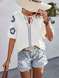 Embroidered Tie Neck Puff Sleeve Blouse - Trendsi - Flyclothing LLC