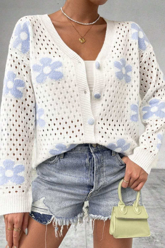 Flower Hollowed Out Button Down Long Sleeve Cardigan - Trendsi - Flyclothing LLC