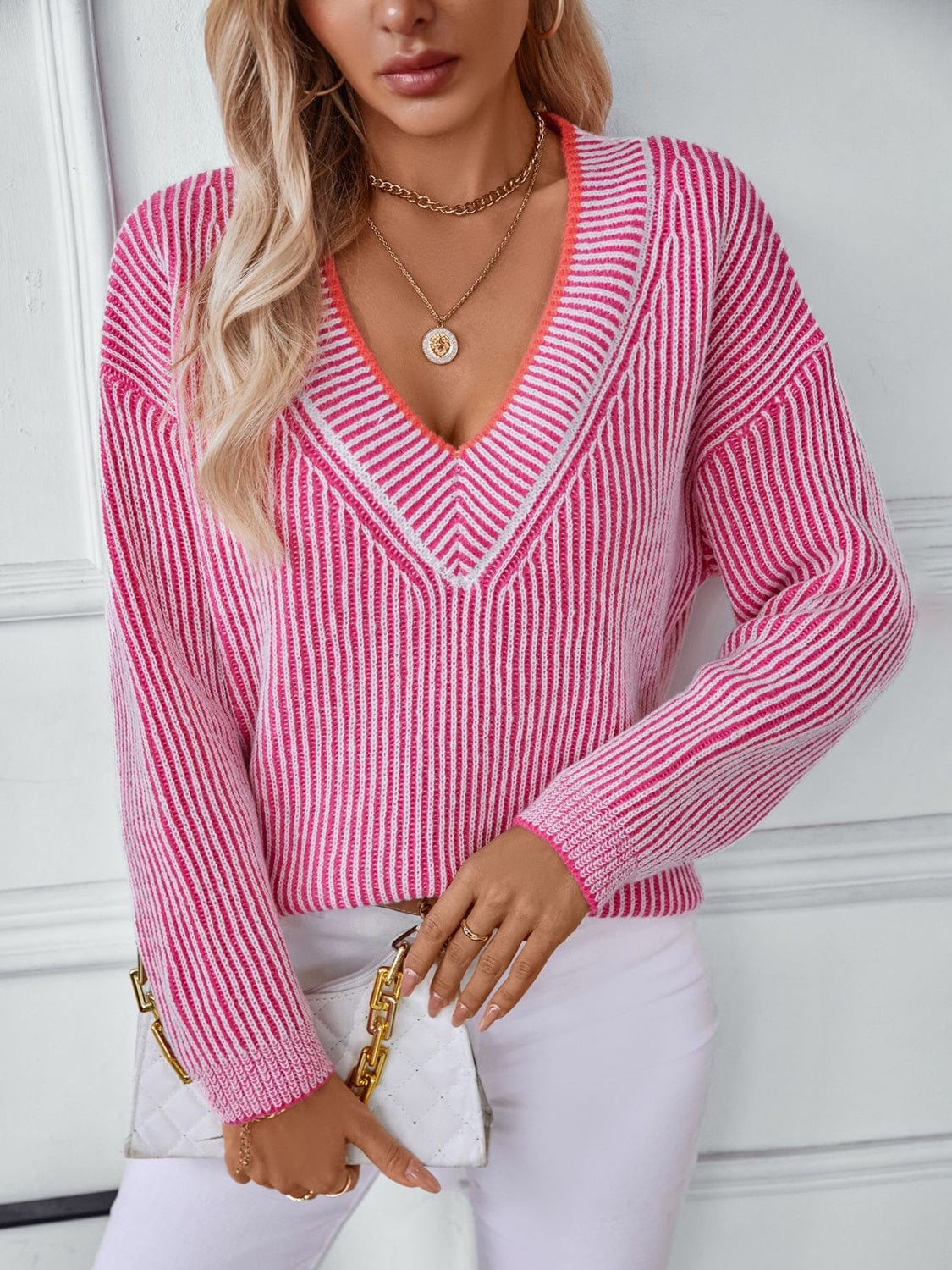 Striped V-Neck Long Sleeve Sweater - Trendsi
