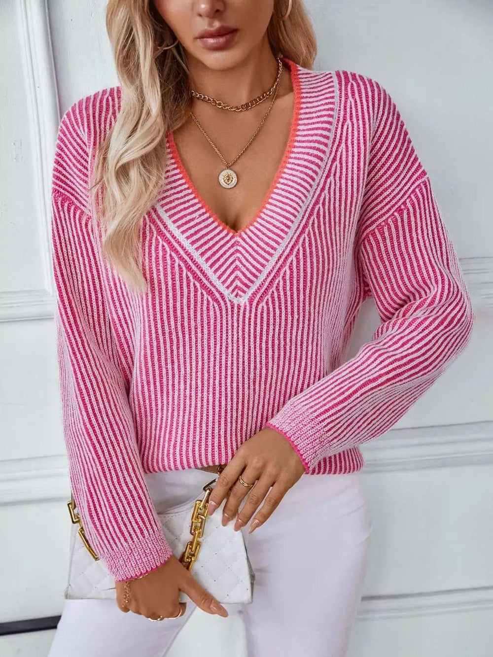 Striped V-Neck Long Sleeve Sweater - Trendsi - Flyclothing LLC