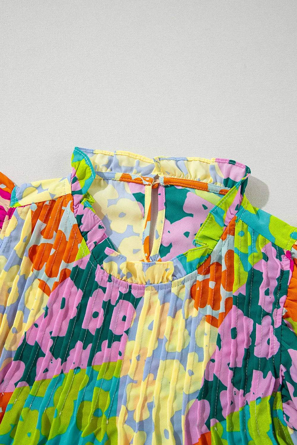 Ruffled Printed Mock Neck Cap Sleeve Blouse - Trendsi - Flyclothing LLC
