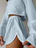 Eyelet Round Neck Top and Shorts Set - Trendsi