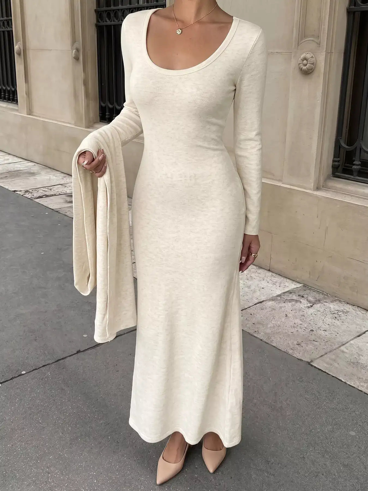 Round Neck Maxi Knit Dress with Matching Scarf - Trendsi - Flyclothing LLC