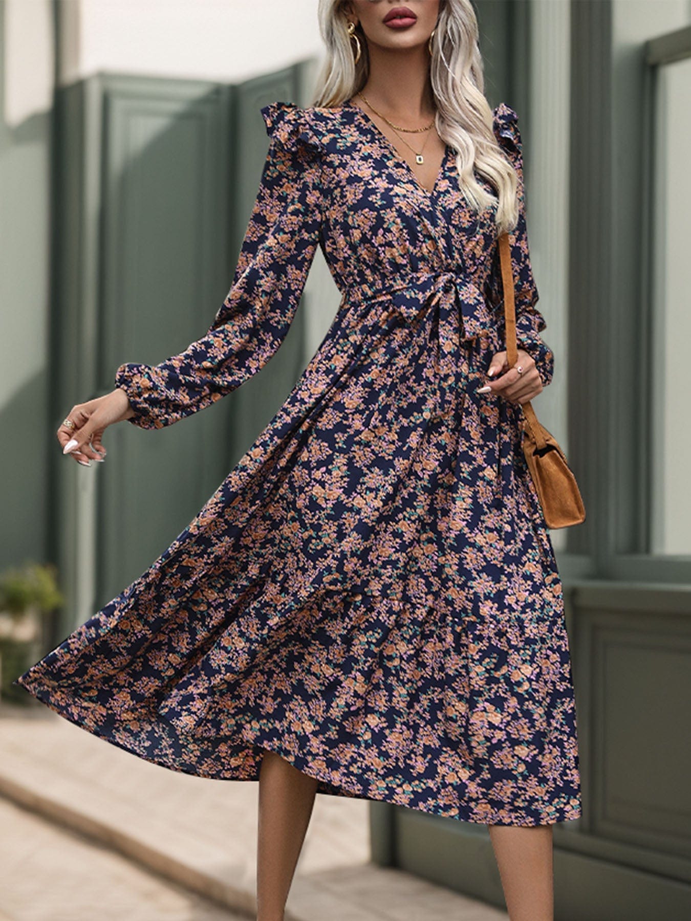 Printed Surplice Long Sleeve Midi Dress - Trendsi