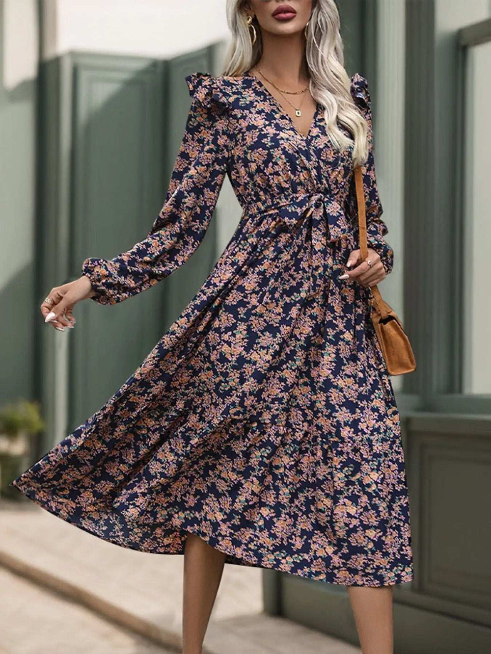 Printed Surplice Long Sleeve Midi Dress - Trendsi - Flyclothing LLC