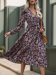 Printed Surplice Long Sleeve Midi Dress - Trendsi