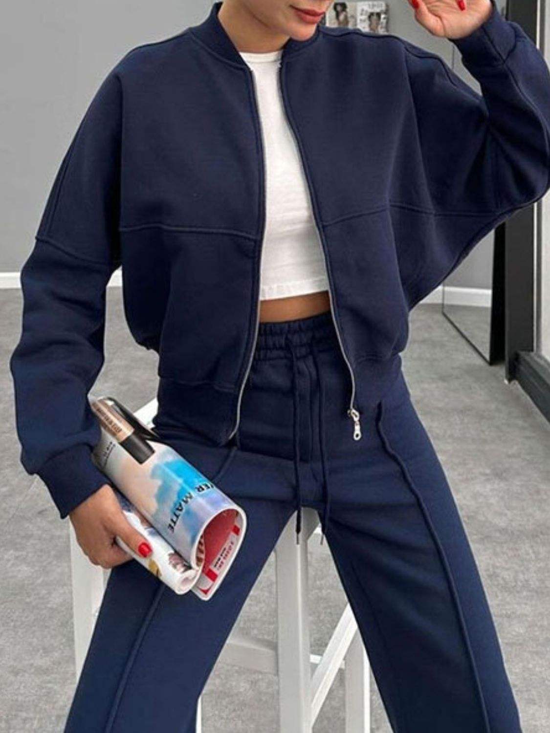 Baseball Collar Zip Up Outerwear and Drawstring Pants Set - Trendsi - Flyclothing LLC