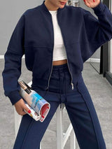 Baseball Collar Zip Up Outerwear and Drawstring Pants Set - Trendsi - Flyclothing LLC