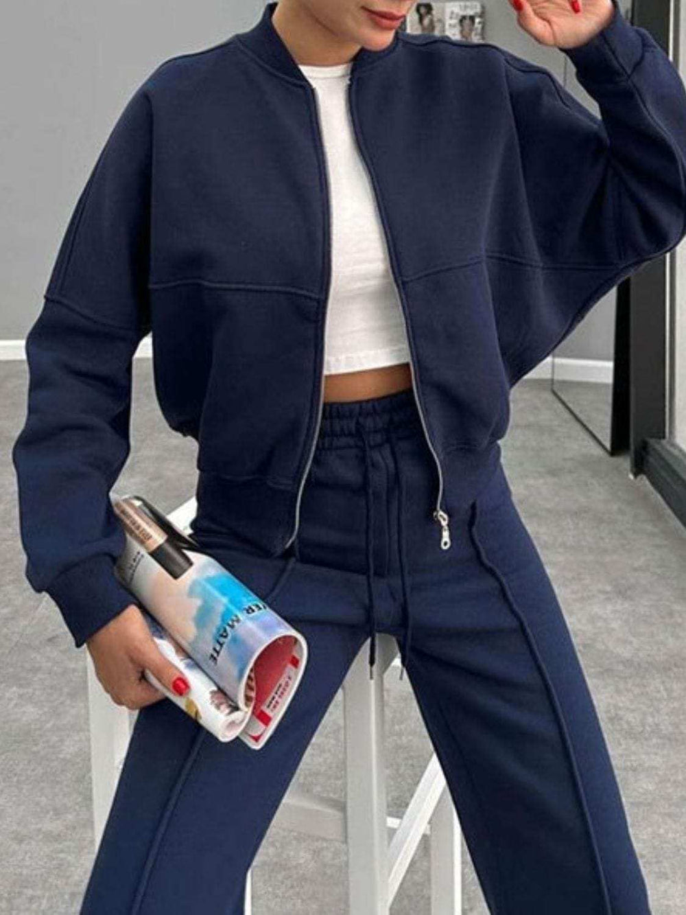 Baseball Collar Zip Up Outerwear and Drawstring Pants Set - Trendsi - Flyclothing LLC