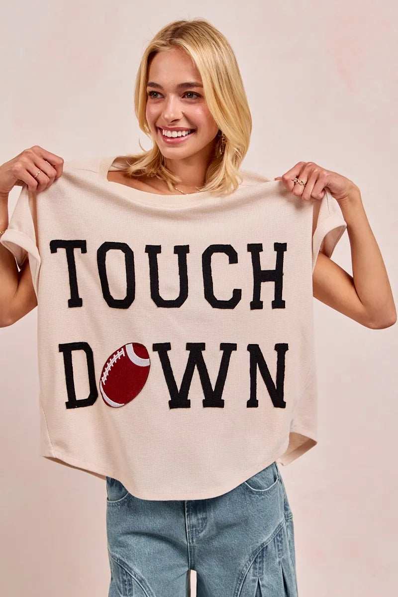 BiBi Game Day Touchdown Letter Patches Waffle Short Top - Trendsi - Flyclothing LLC