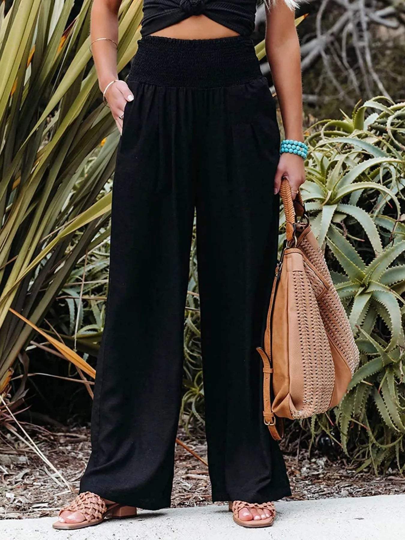 Smocked High Waisted Wide Leg Pants - Trendsi - Flyclothing LLC