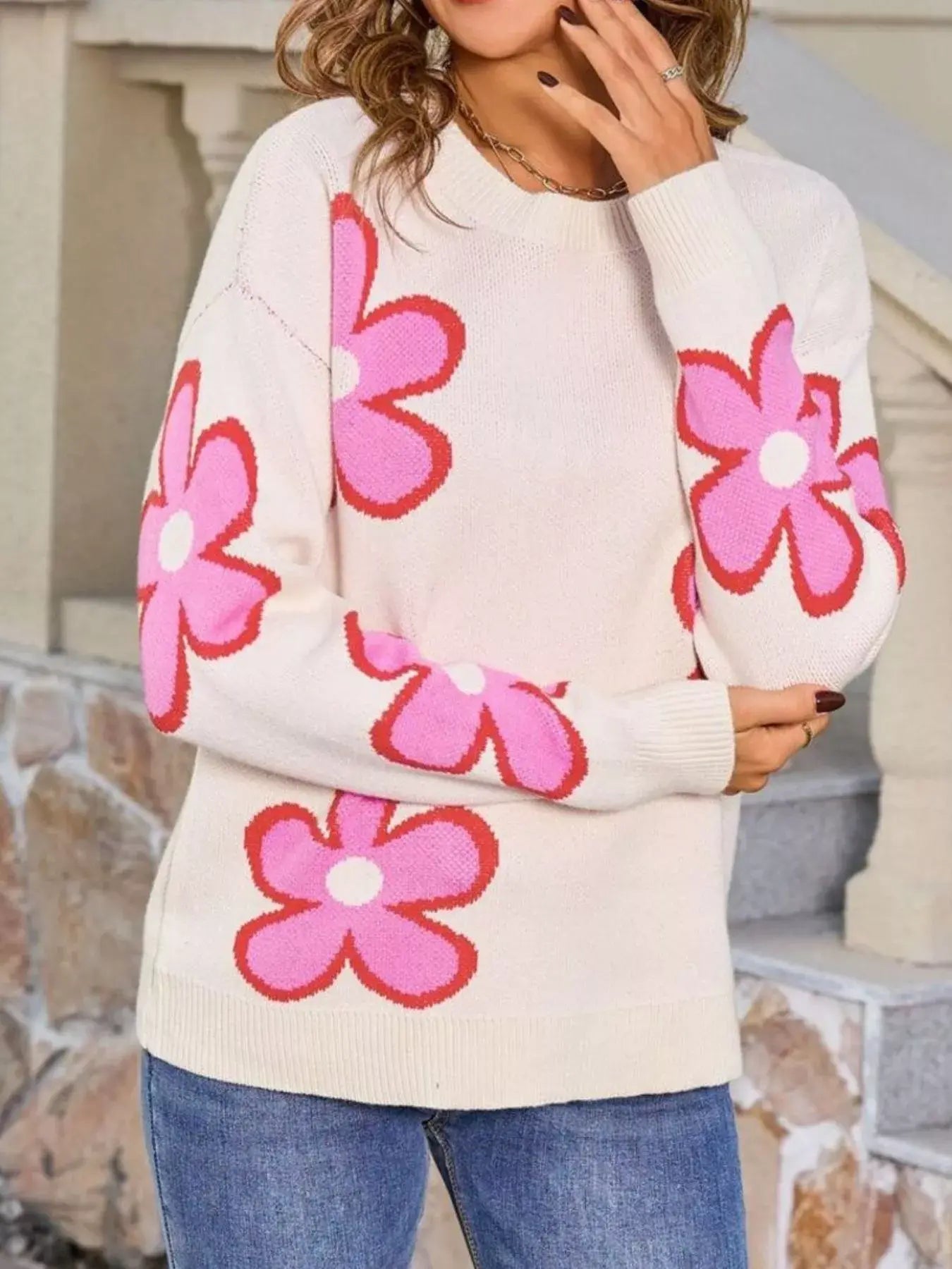 Floral Crew Neck Sweater - Trendsi - Flyclothing LLC