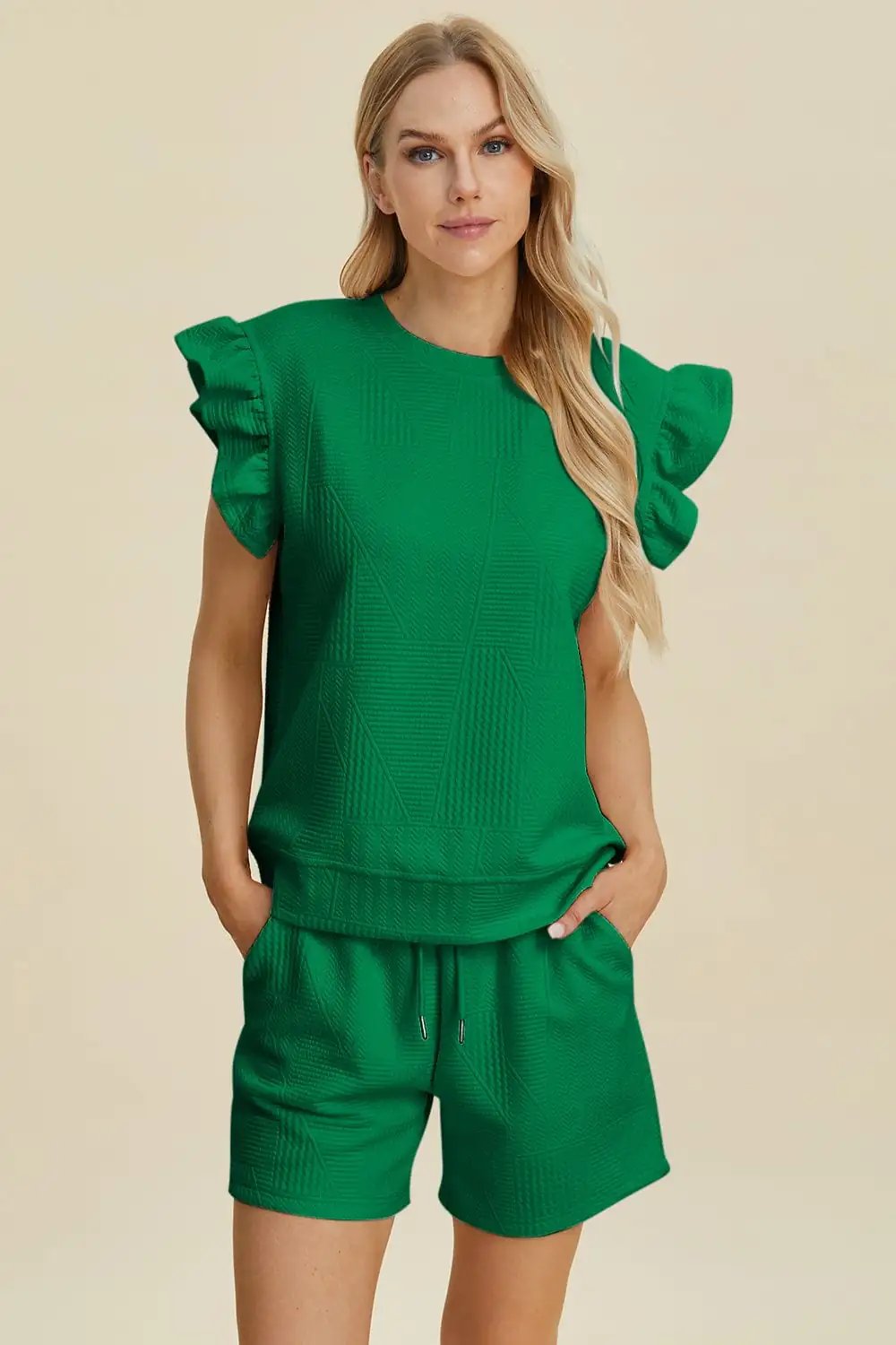 Double Take Full Size Texture Round Neck Ruffle Sleeve Top and Shorts Set - Trendsi