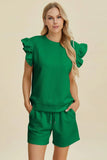 Double Take Full Size Texture Round Neck Ruffle Sleeve Top and Shorts Set - Trendsi
