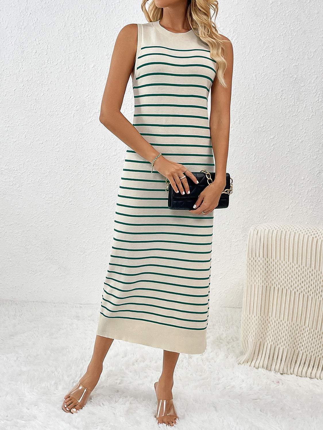 Round Neck Sleeve Midi Knit Dress - Trendsi - Flyclothing LLC
