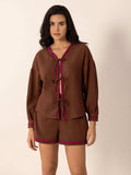 Tied V-Neck Long Sleeve Top and Shorts Set - Trendsi - Flyclothing LLC