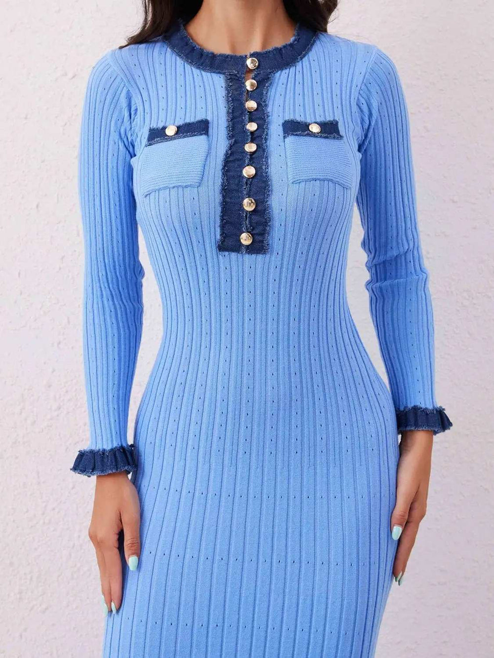 Contrast Trim Round Neck Long Sleeve Sweater Dress - Trendsi - Flyclothing LLC