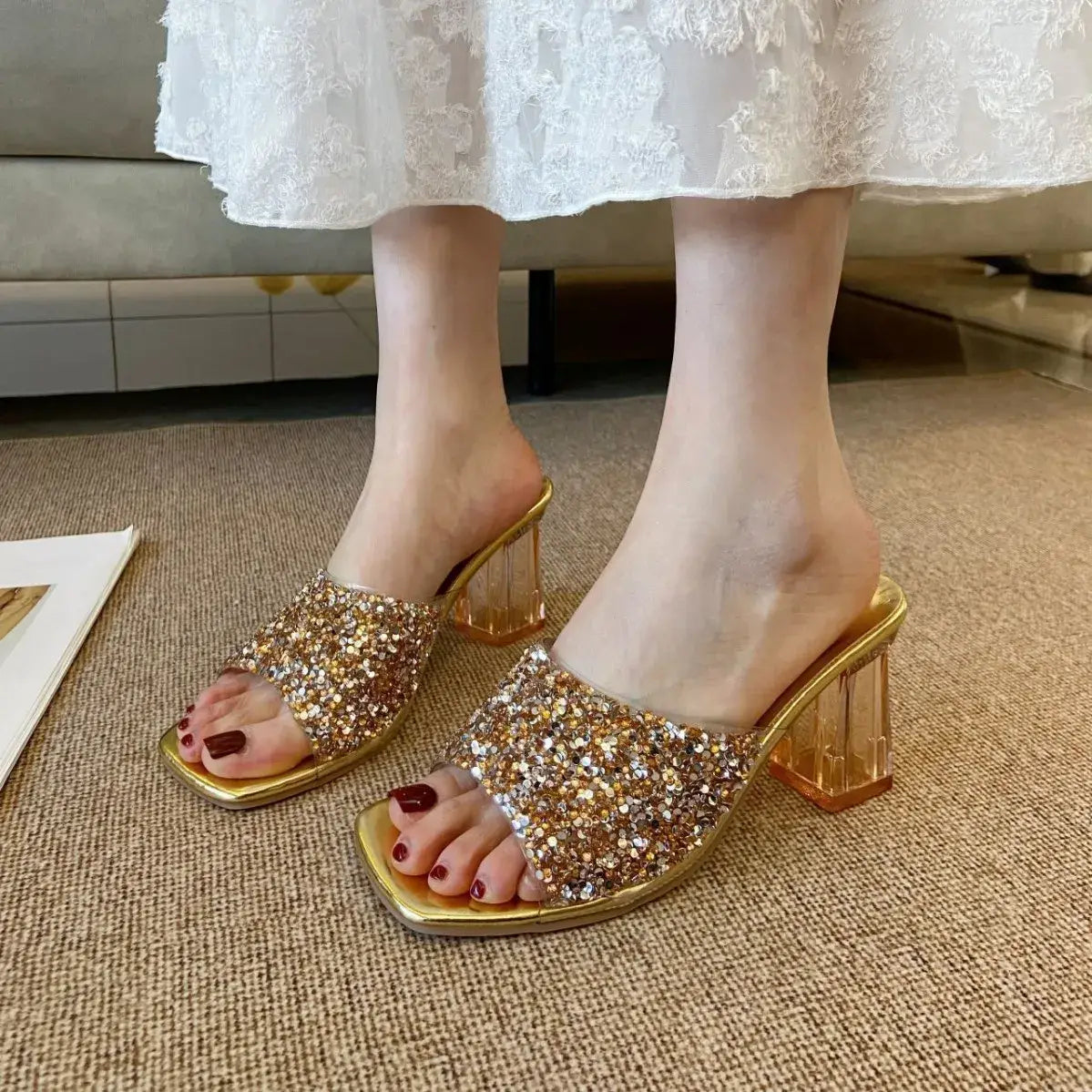 Rhinestone Open Toe Block Heel Sandals - Trendsi - Flyclothing LLC