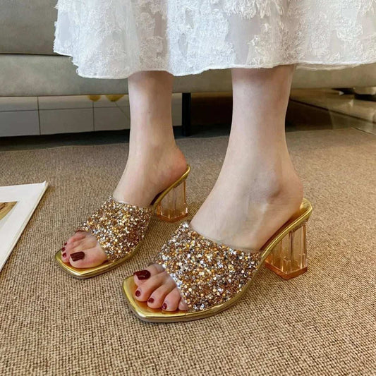 Rhinestone Open Toe Block Heel Sandals - Trendsi - Flyclothing LLC
