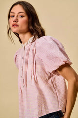 SO ME Gingham Lace Trim Button Bubble Sleeves Blouse - Trendsi - Flyclothing LLC