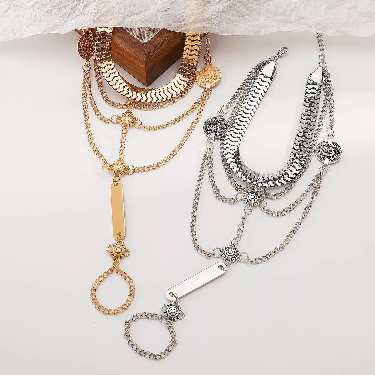 Multi Layered Chain Bracelet with Finger Ring - Trendsi - Flyclothing LLC