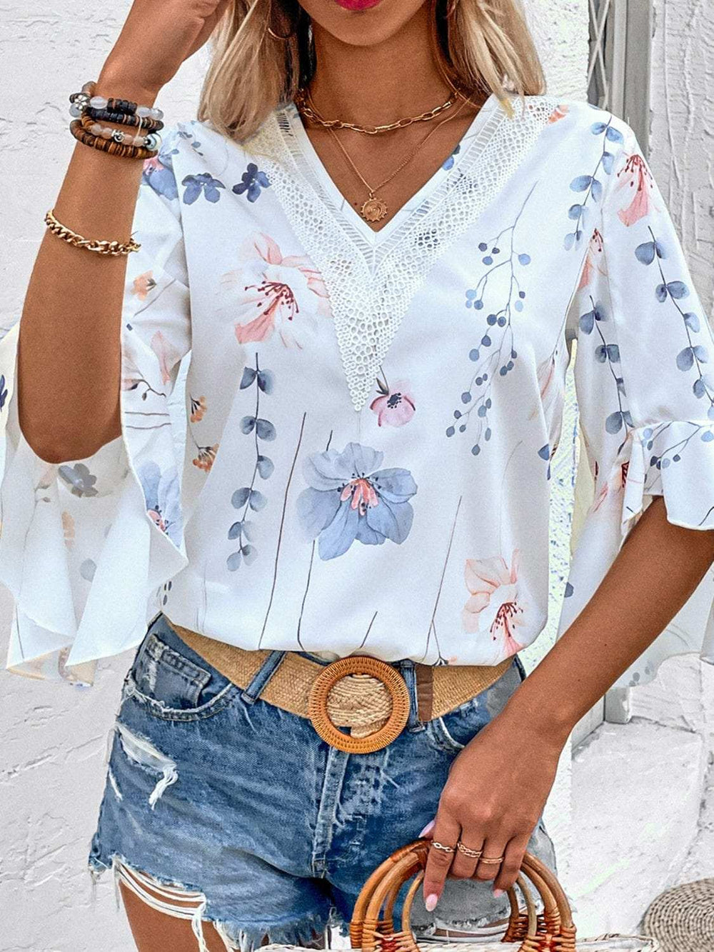 Ruffled Printed V-Neck Half Sleeve Blouse - Trendsi - Flyclothing LLC