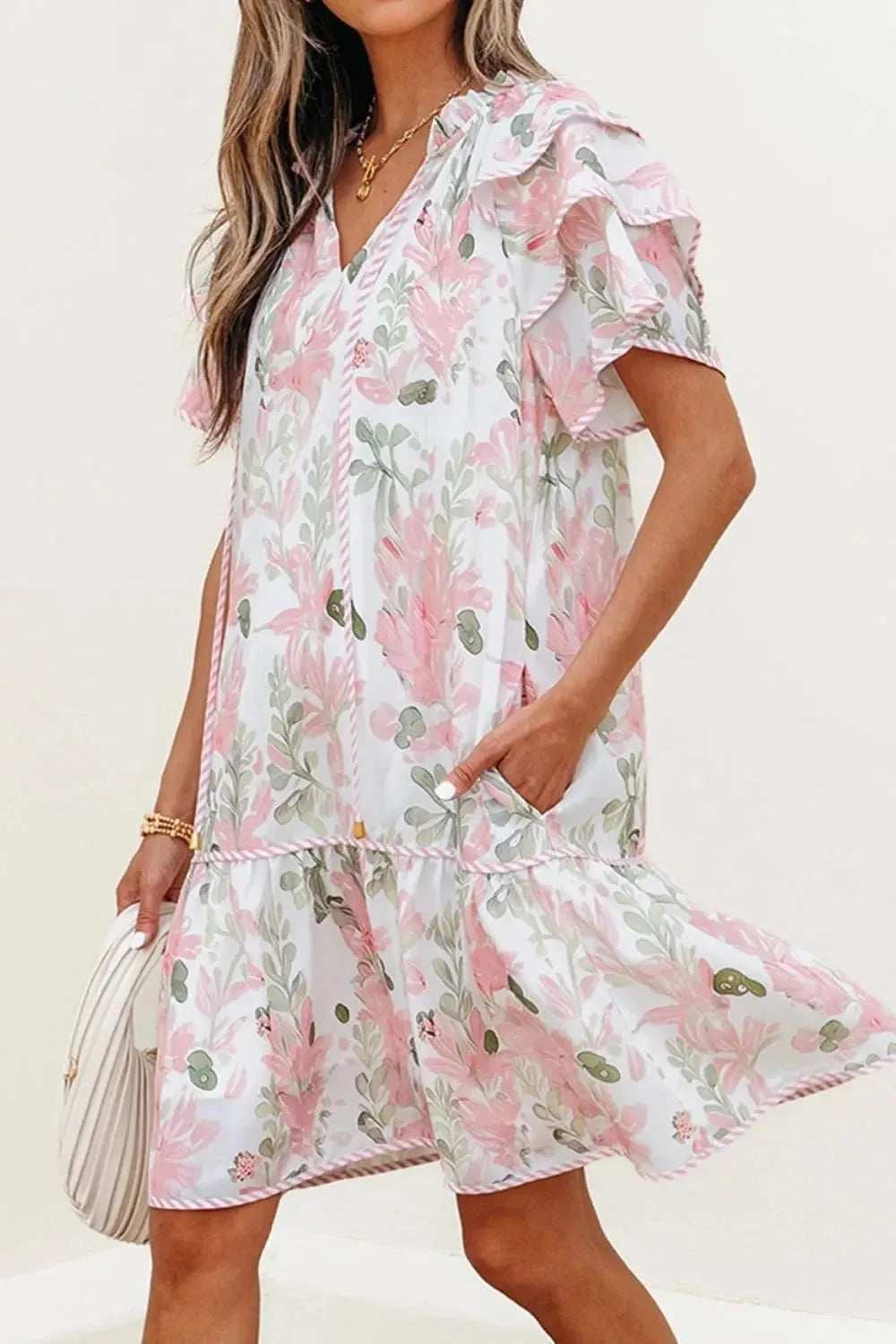 Floral Contrast Edge Layered Short Sleeve Mini Dress - Trendsi - Flyclothing LLC