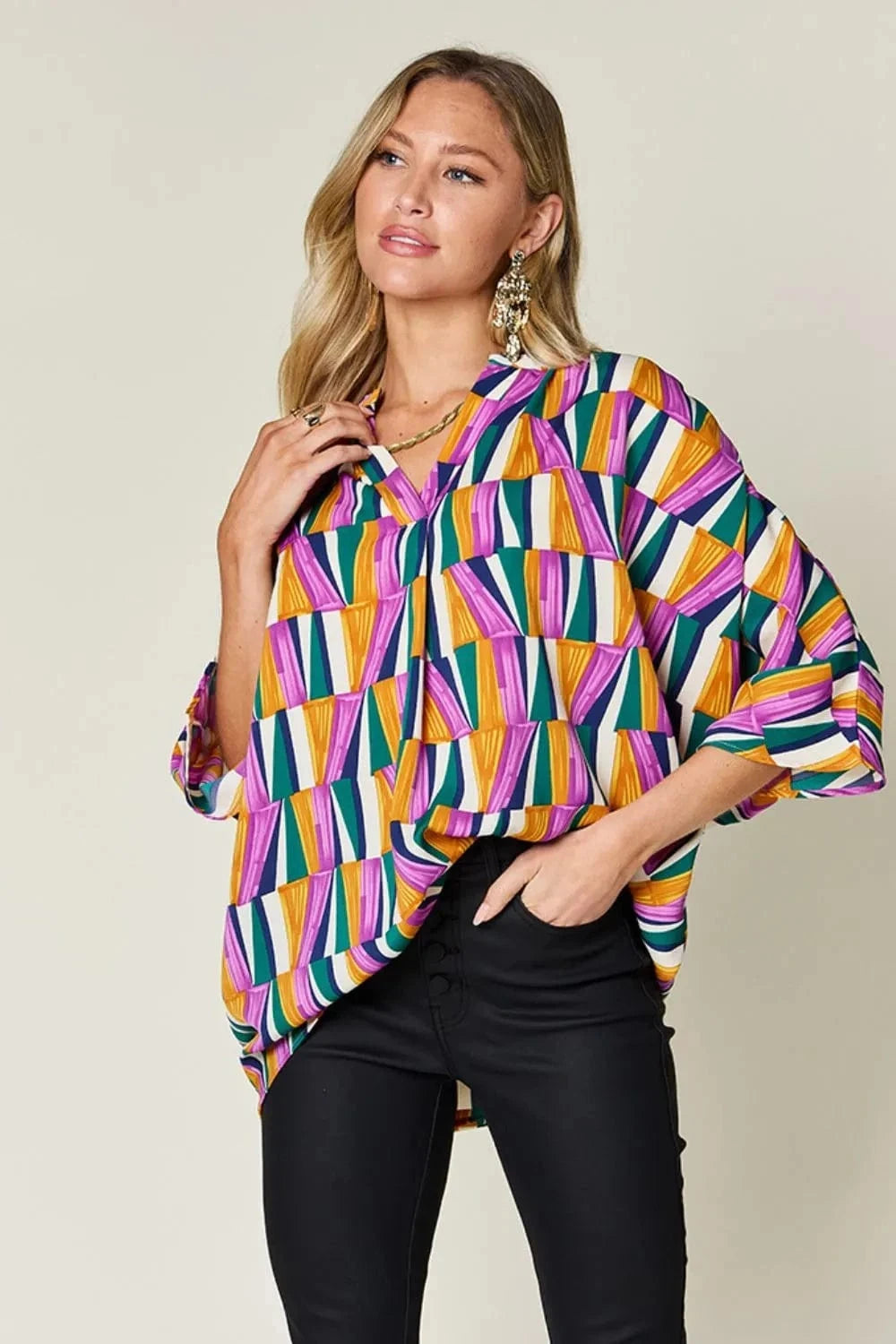 Double Take Full Size Geometric Notched Dolman Sleeve Top - Trendsi