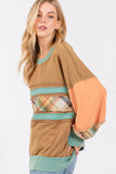 SAGE + FIG Mineral Wash Raw Edge Color Block Sweatshirt - Trendsi
