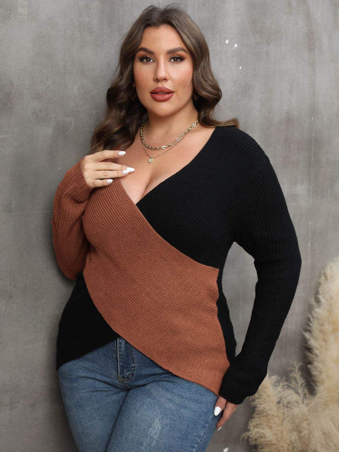 Plus Size Two-Tone Surplice Neck Sweater - Trendsi - Flyclothing LLC