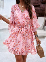 Ruffled Printed Surplice Half Sleeve Mini Dress - Trendsi - Flyclothing LLC