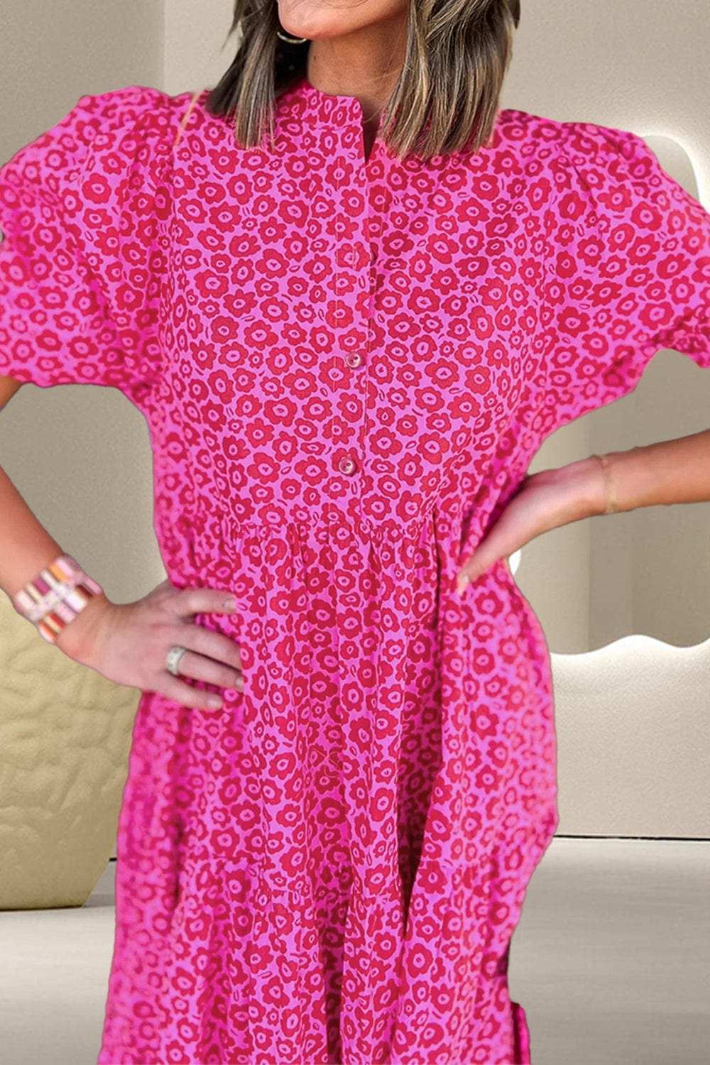 Printed Notched Puff Sleeve Midi Dress - Trendsi - Flyclothing LLC