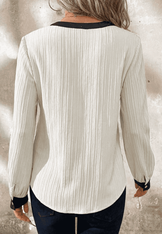 Contrast Notched Long Sleeve Blouse - Trendsi - Flyclothing LLC