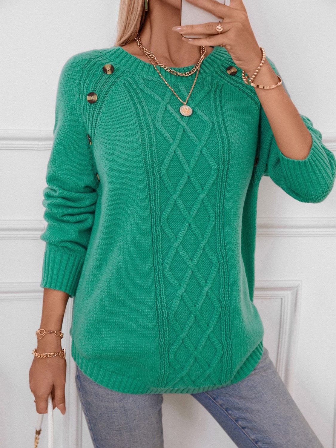 Decorative Button Round Neck Raglan Sleeve Sweater - Trendsi
