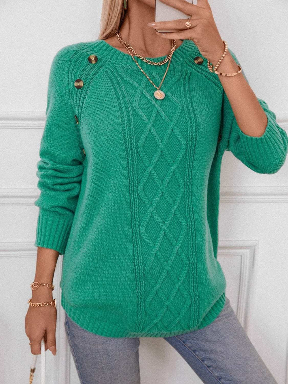 Decorative Button Round Neck Raglan Sleeve Sweater - Trendsi - Flyclothing LLC