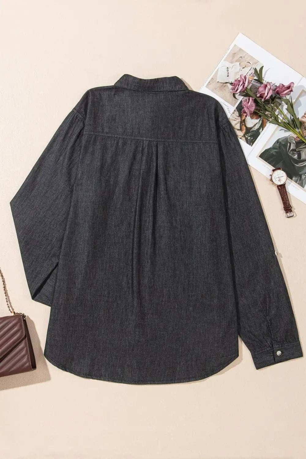 Pocketed Collared Neck Long Sleeve Denim Top - Trendsi - Flyclothing LLC