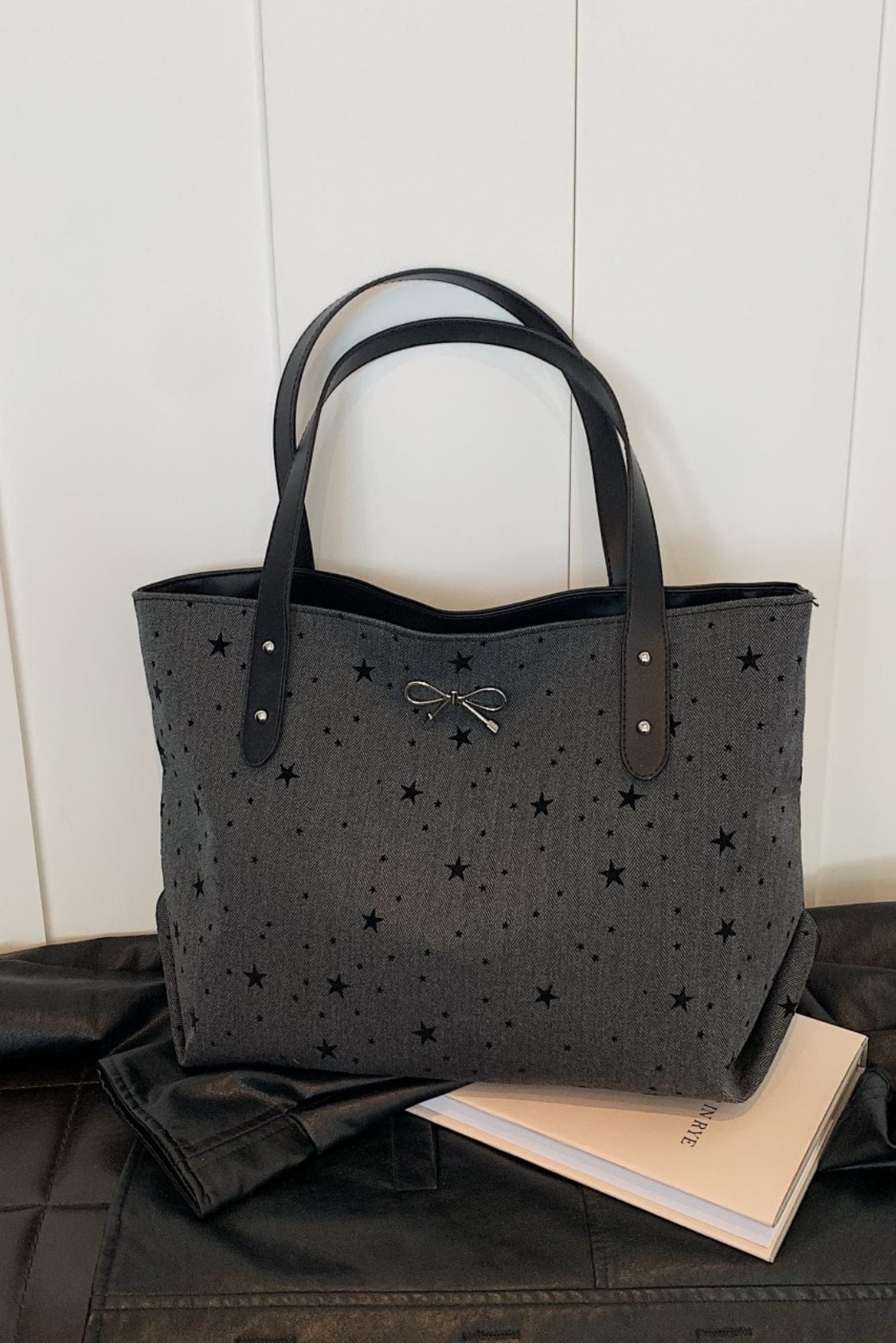 Polyester Bow Polka Dot Tote Bag - Trendsi