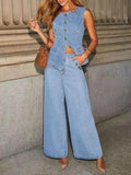 Button Down Vest and Wide Leg Jeans Denim Set - Trendsi