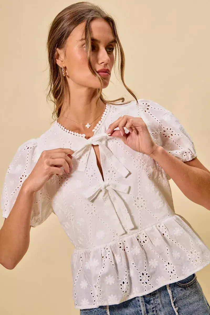 SO ME Cotton Eyelet Front Tie Short Sleeves Blouse - Trendsi - Flyclothing LLC