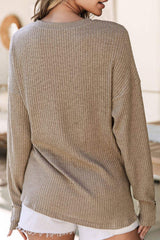 Quarter Button Round Neck Dropped Shoulder Knit Top - Trendsi - Flyclothing LLC