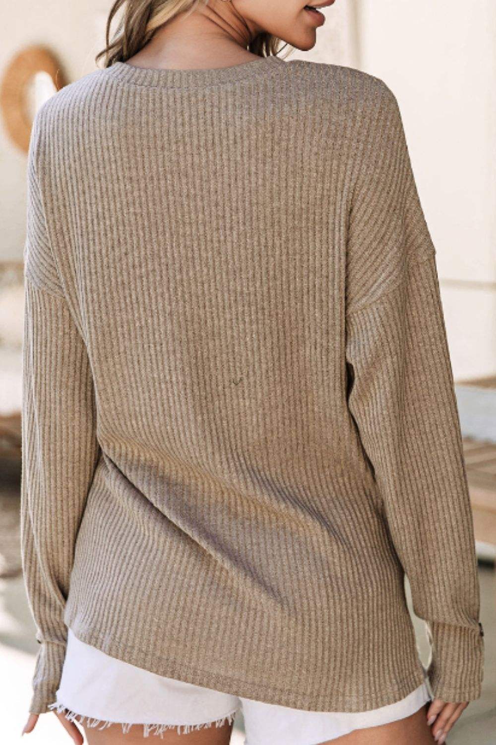 Quarter Button Round Neck Dropped Shoulder Knit Top - Trendsi - Flyclothing LLC