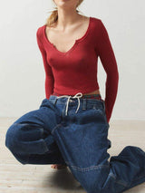 Notched Long Sleeve T-Shirt - Trendsi - Flyclothing LLC