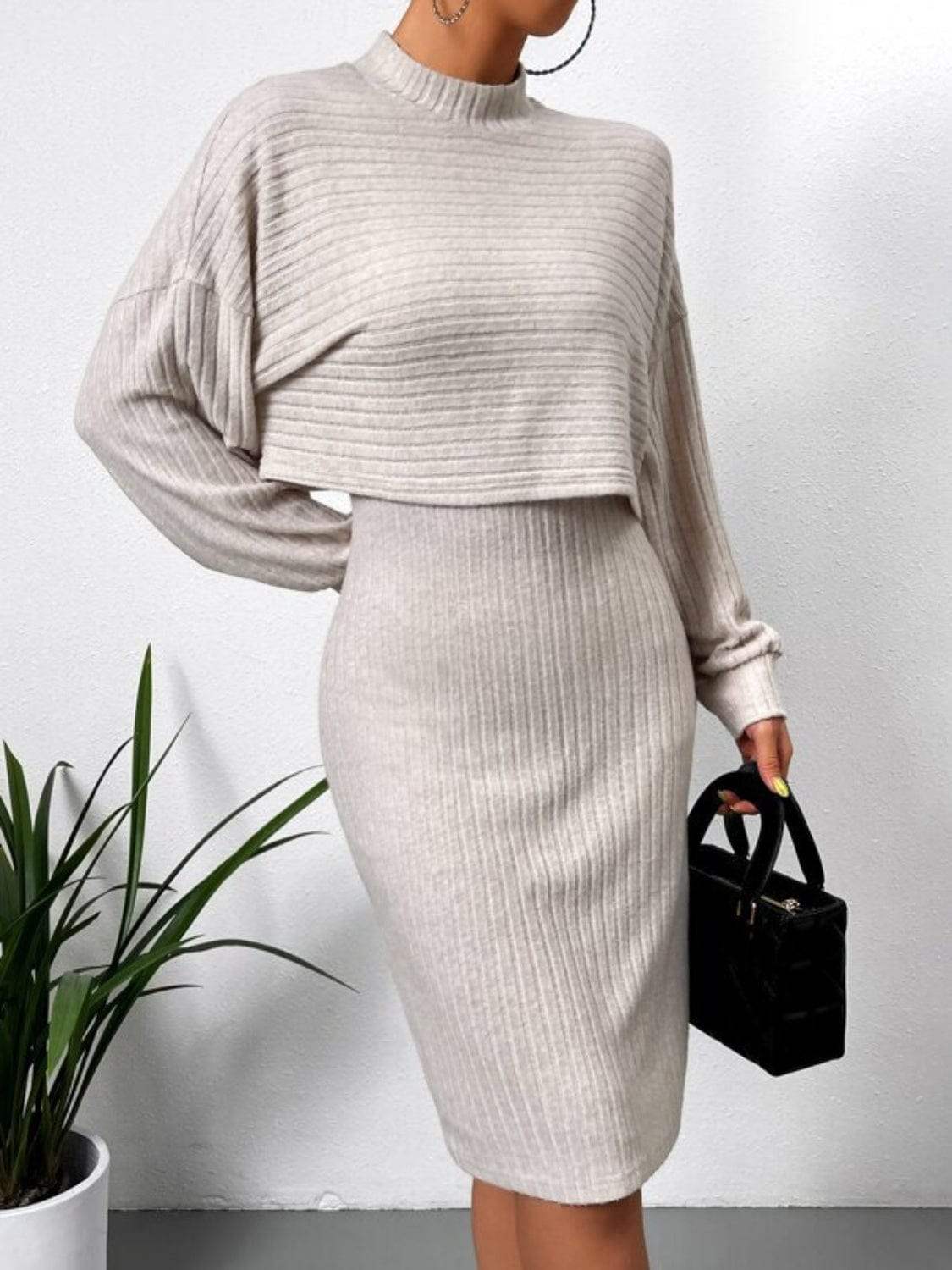 Mock Neck Long Sleeve Top and Wide Strap Dress Set - Trendsi - Flyclothing LLC