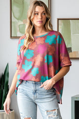 HOPELY Full Size Floral Round Neck Side Slit T-Shirt - Trendsi